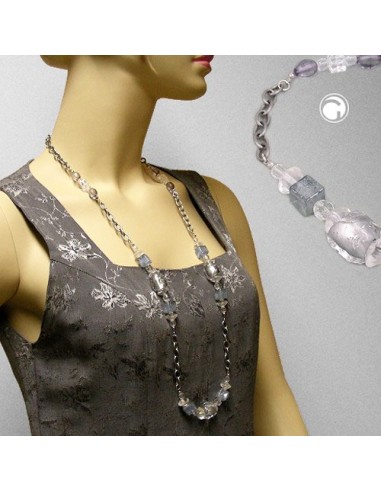 necklace stone-pearl grey anchor chain 95cm