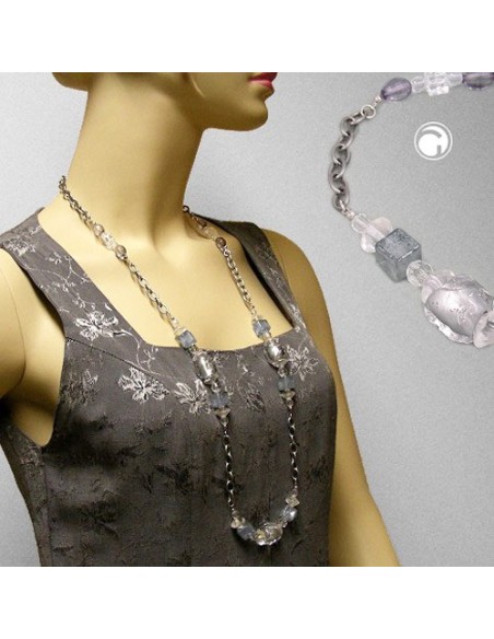 necklace stone-pearl grey anchor chain 95cm