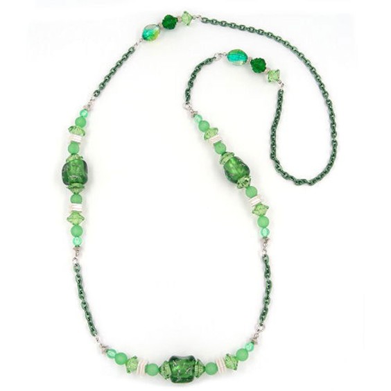 necklace stone-pearl green anchor chain 95cm