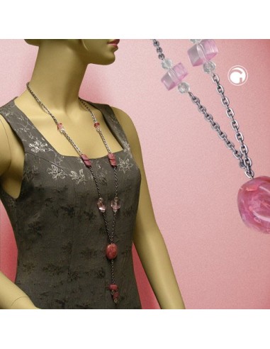 necklace nugget-beads pink 90cm