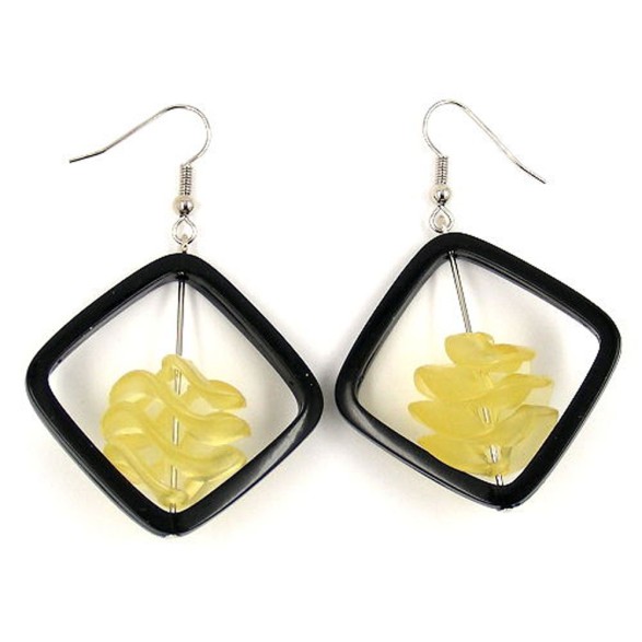 hoop earrings square black with twisted bead yellow
