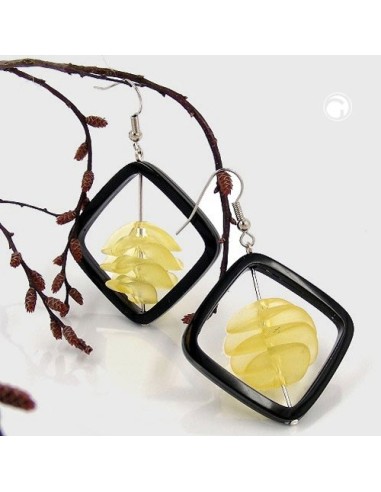 hoop earrings square black with twisted bead yellow