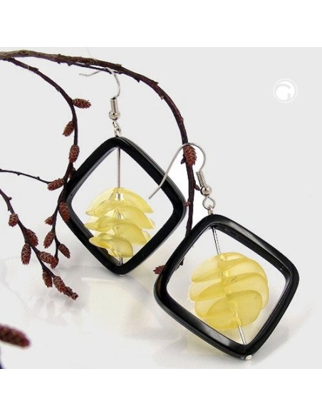 hoop earrings square black with twisted bead yellow