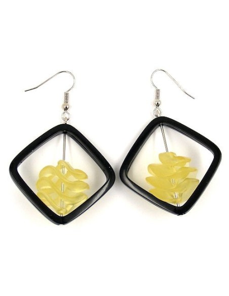 hoop earrings square black with twisted bead yellow