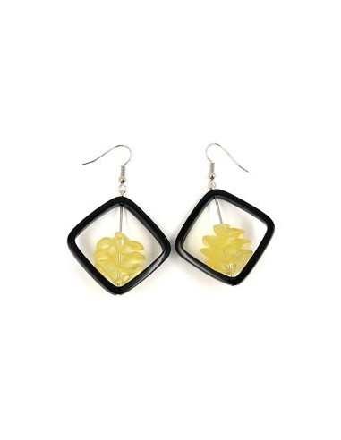 hoop earrings square black with twisted bead yellow