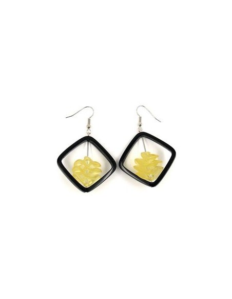 hoop earrings square black with twisted bead yellow