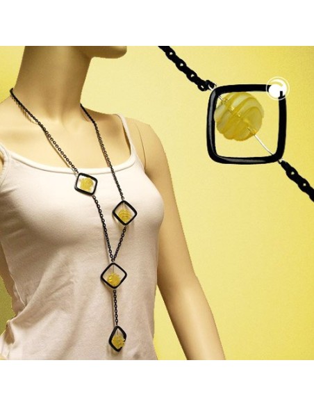 necklace black square yellow spiral 90cm