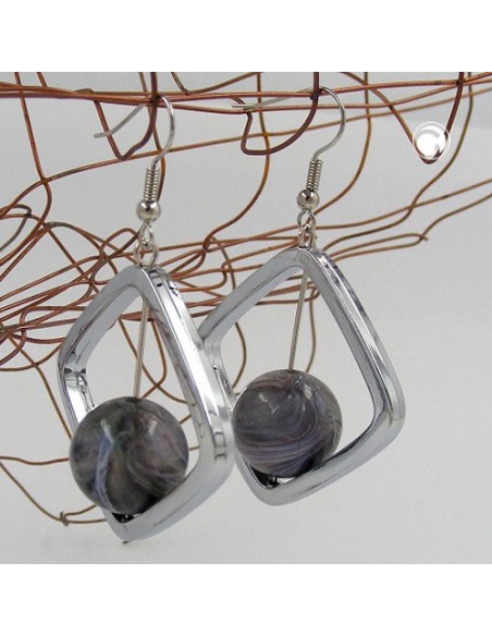 hook earrings square silver coloured with bead grey