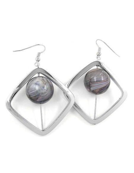 hook earrings square silver coloured with bead grey