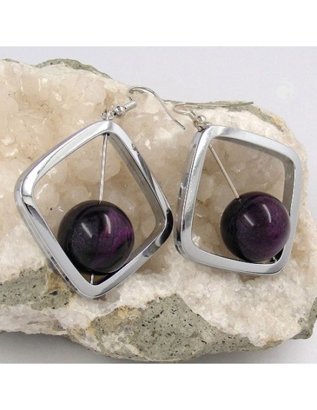 hook earrings square silver coloured with bead purple