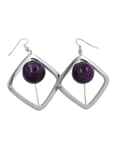 hook earrings square silver coloured with bead purple