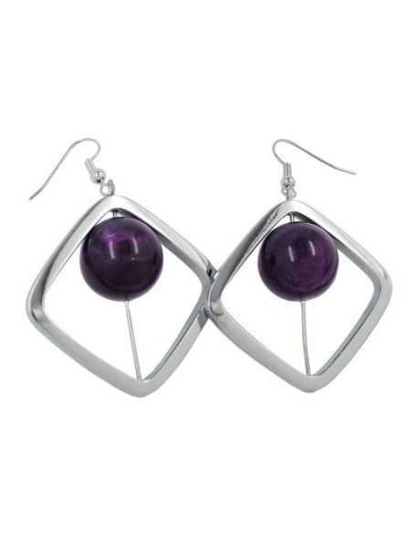 hook earrings square silver coloured with bead purple