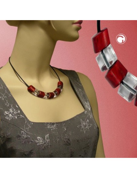 necklace beads red-silver 45cm