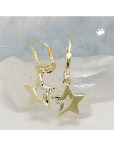 leverback earrings 25x10mm star partially frosted with zirconias 9k gold