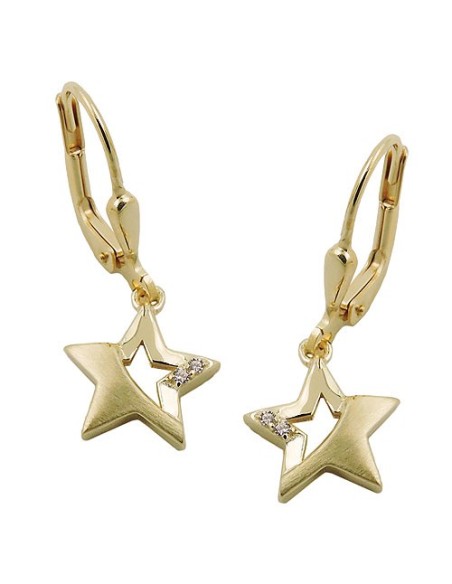 leverback earrings 25x10mm star partially frosted with zirconias 9k gold