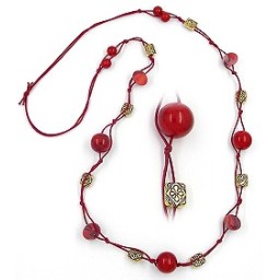 necklace beads red gold-tone