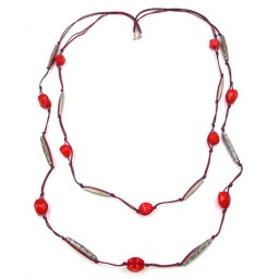 necklace 2 rows red-grey silver-tone 105cm