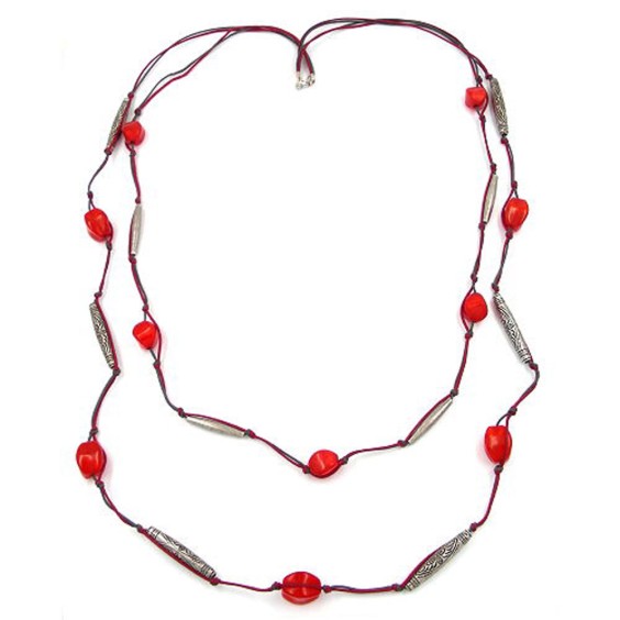 necklace 2 rows red-grey silver-tone 105cm