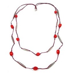 necklace 2 rows red-grey silver-tone 105cm