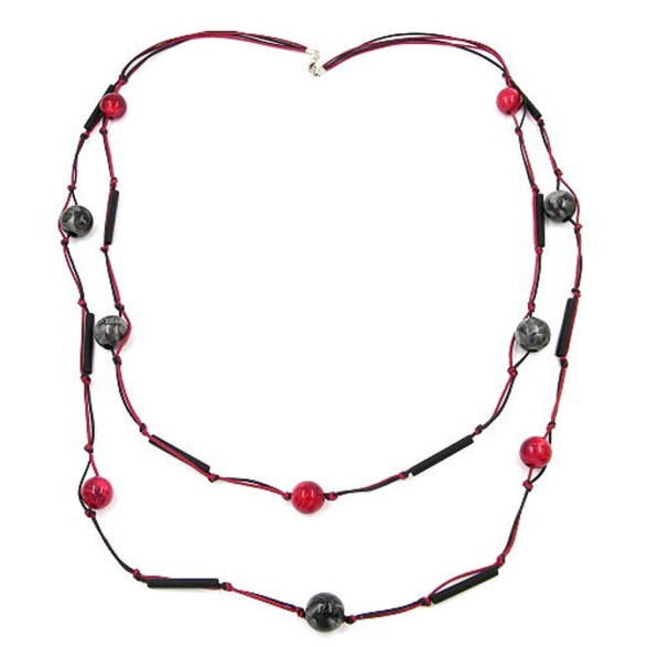 necklace 2 rows red-black silver-tone 95cm