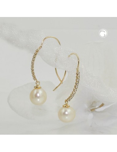 hook earrings 27x7mm earrings with freshwater cultured pearl and zirconias 9k gold