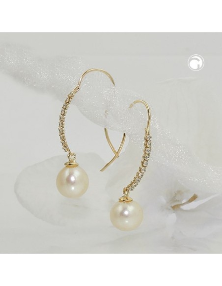 hook earrings 27x7mm earrings with freshwater cultured pearl and zirconias 9k gold