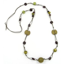 necklace beads green-olive-brown 100cm