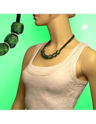 necklace stone bead green-silver 50cm