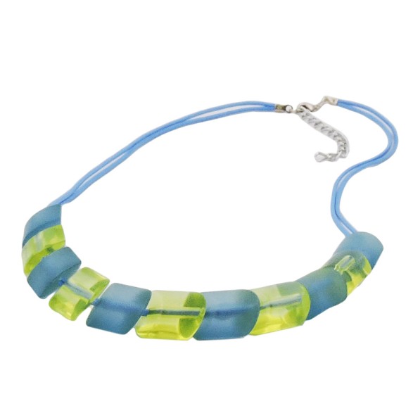 necklace 2x light blue knotted cord & turquoise-green slanted beads