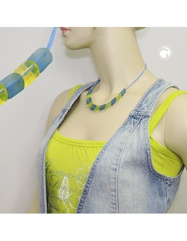 necklace 2x light blue knotted cord & turquoise-green slanted beads