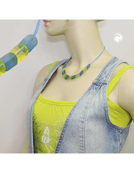 necklace 2x light blue knotted cord & turquoise-green slanted beads