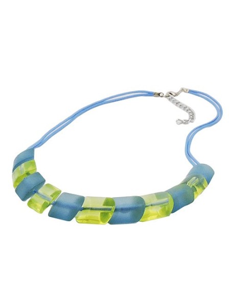necklace 2x light blue knotted cord & turquoise-green slanted beads
