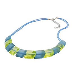 necklace 2x light blue knotted cord & turquoise-green slanted beads