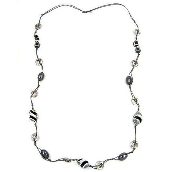 necklace beads black-grey-silver 110cm