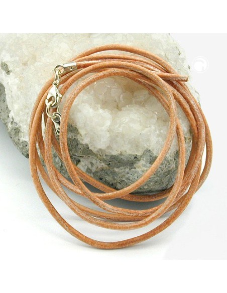 leather strap round cord cowhide 2mm natural color with 1x clasp silver colored ca. 1m