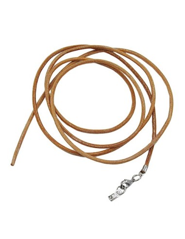 leather strap round cord cowhide 2mm natural color with 1x clasp silver colored ca. 1m