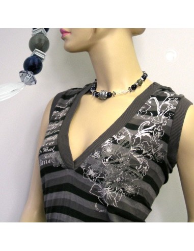 necklace silver-grey/ black/ transparent beads