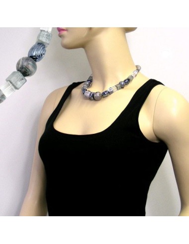 necklace silvergrey grey-blue marbled beads