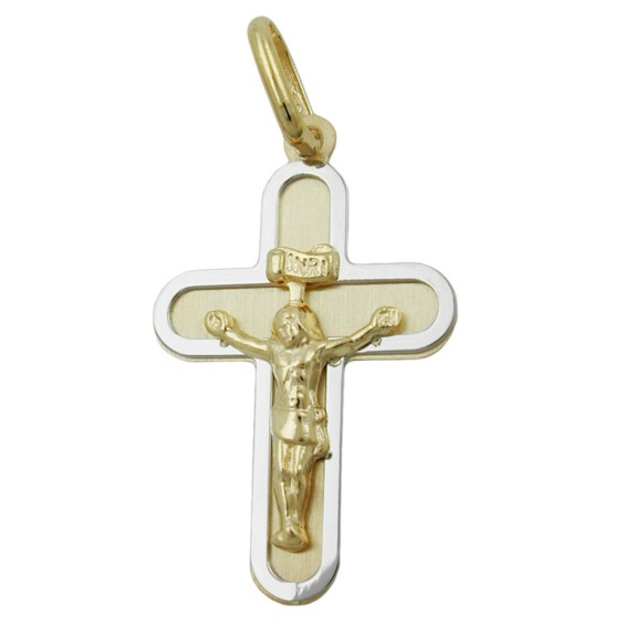 pendant 20x14mm cross with jesus bicolor matte shiny 9k gold