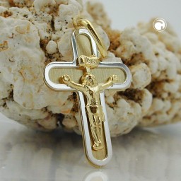 pendant 20x14mm cross with jesus bicolor matte shiny 9k gold