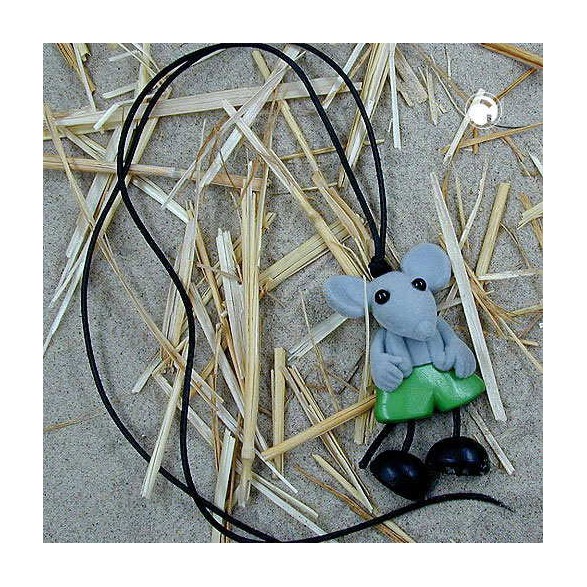 necklace,mouse,grey plush,green trousers