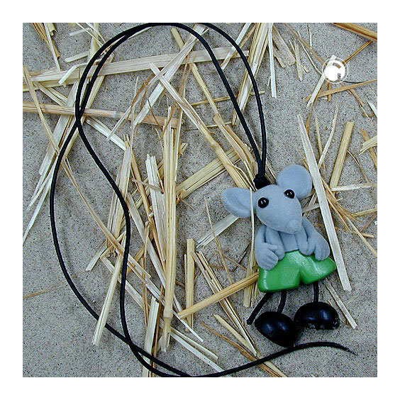 necklace,mouse,grey plush,green trousers