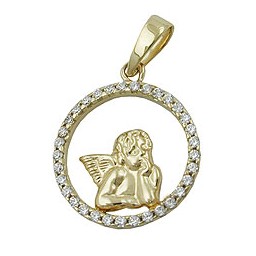 pendant 14mm angel motif with zirconias 9k gold