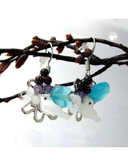 hook earrings stone bird & flower