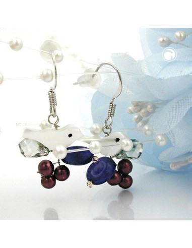 hook earrings stone beads white bird multi colour