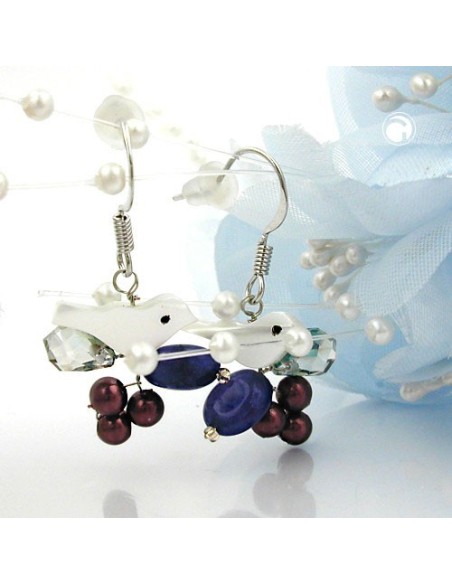 hook earrings stone beads white bird multi colour