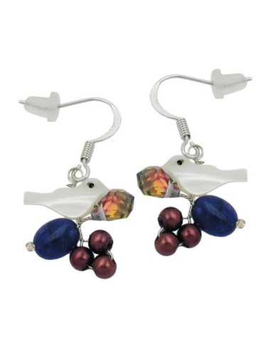 hook earrings stone beads white bird multi colour