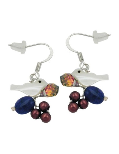 hook earrings stone beads white bird multi colour