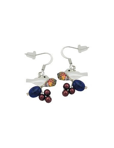 hook earrings stone beads white bird multi colour