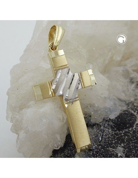 pendant 20x14mm cross bicolor diamond cut 9k gold